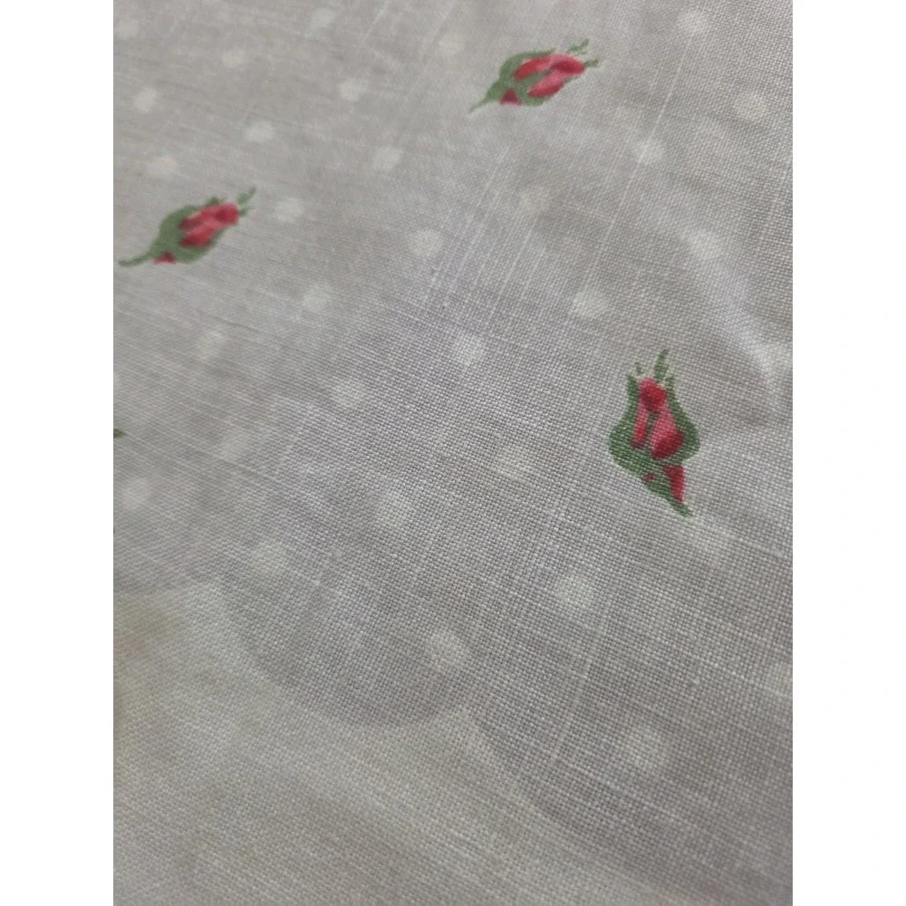 Vtg Floral Linen Tablecloth 46x46 Pink Red Cabbage Roses Polka Dot Small Stain